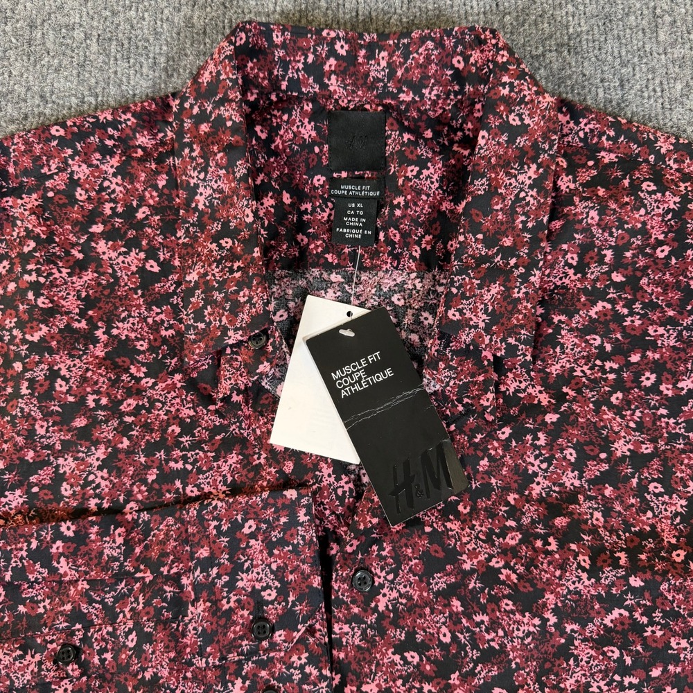 HM Muscle Fit Floral Shirt Mens XL Red Black Long Sleeve Button Up NWT 3326